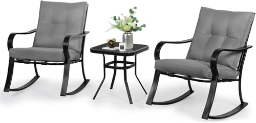 SUNCROWN Outdoor 3-Piece Rocking Chairs Patio Bistro Set Black Steel Furniture with Thickened...