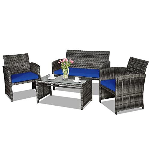 Goplus 4-Piece Rattan Patio Furniture Set, Outdoor Wicker Conversation Sofa with Weather Resistant...