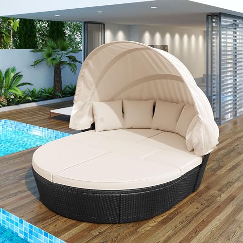 Merax Patio Furniture Sets, Outdoor Round Daybed Sunbed, Sectional Sofa Set, All-Weather PE Rattan...