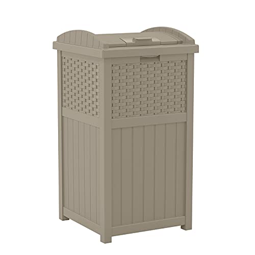 Suncast 33 Gallon Hideaway Trash Can for Patio - Resin Outdoor Trash with Lid - Use in Backyard,...