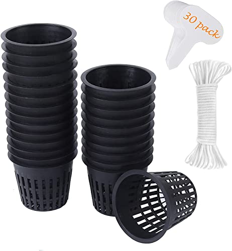 30 Pack 3 Inch Net Cup Pots with Hydroponic Self Watering Wick & Plant Labels for Aquaponics Mason...