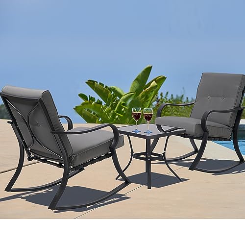 SUNCROWN Outdoor 3-Piece Rocking Chairs Patio Bistro Set Black Steel Furniture with Thickened...