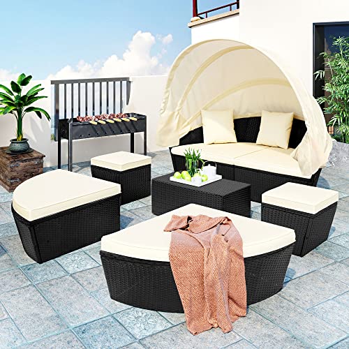 Merax Patio Furniture Sets, Outdoor Round Daybed Sunbed, Sectional Sofa Set, All-Weather PE Rattan...