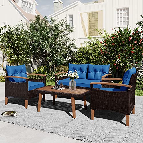 Merax Patio Furniture Sets 4 Pieces, All Weather Outdoor PE Rattan Sofa with Wood Table and Legs,...